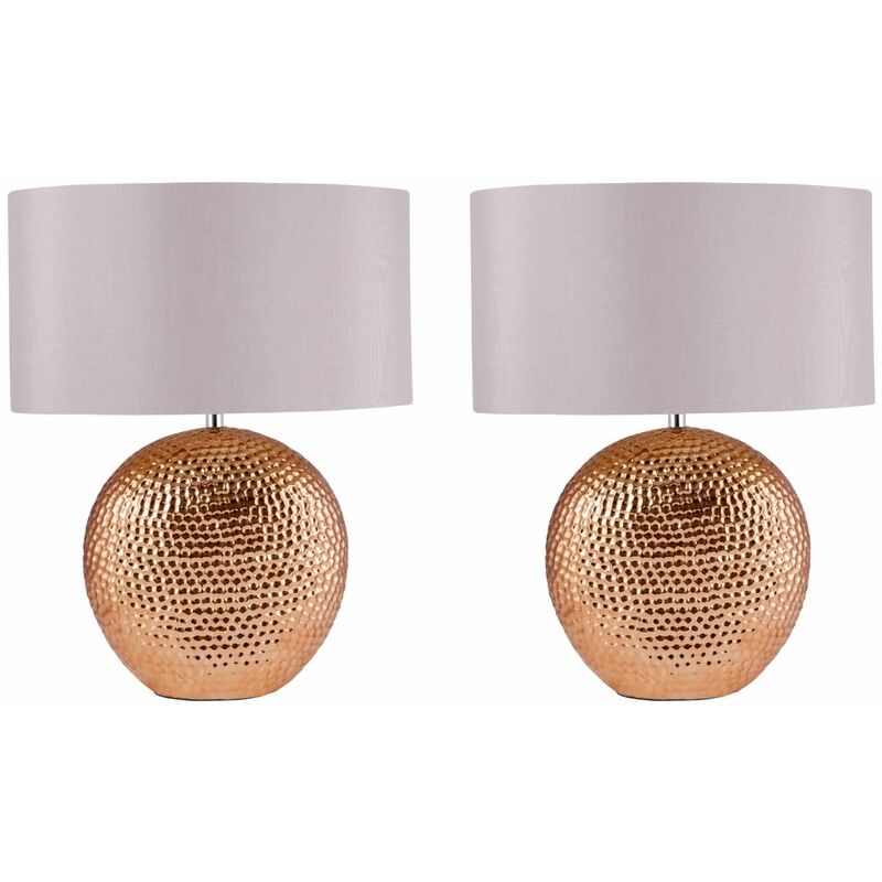 Set of 2 Dimpled Textured Oval Copper Plated Ceramic Bedside Table Light Base with Grey Faux Silk Oval Fabric Shade