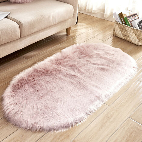 Oval Pink Faux Fur Sheepskin Non Slip Fluffy Floor Rugs
