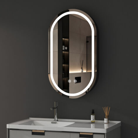 Oval Spiegelschrank mit Beleuchtung 40x70cm Aluminium LED Spiegelschrank Bad mit Beleuchtung Badezimmerschrank, Badschrank Hängeschränke Spiegel Kabinett mit 3-Farben Dimmbar, Beschlagfrei, Schwarz