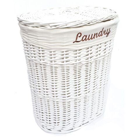 Oval Wicker Laundry Basket With Lid & Removable Cotton Lining [White, Medium 32x42x49 cm]