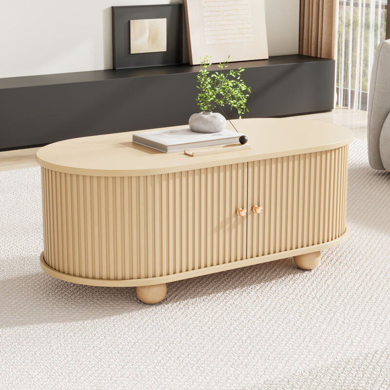Stilvora Ovale Couchtisch Mit 2 Schiebetüren Und Stauraum, Industriestil, Aus Mdf, 100×50×40 Cm, Holzfarben