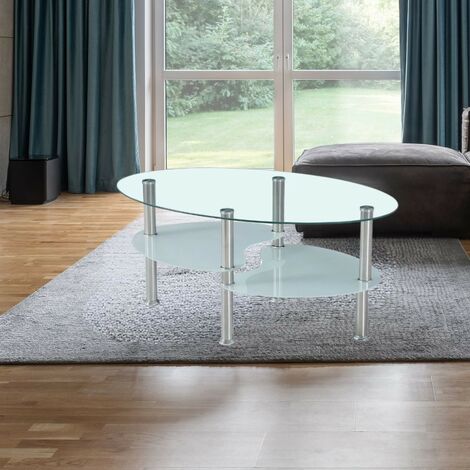 TOSCOHOME Ovaler Couchtisch für Wohnzimmer 90x55 cm mit 3 Glasplatten und Stahlbeinen - Mimas