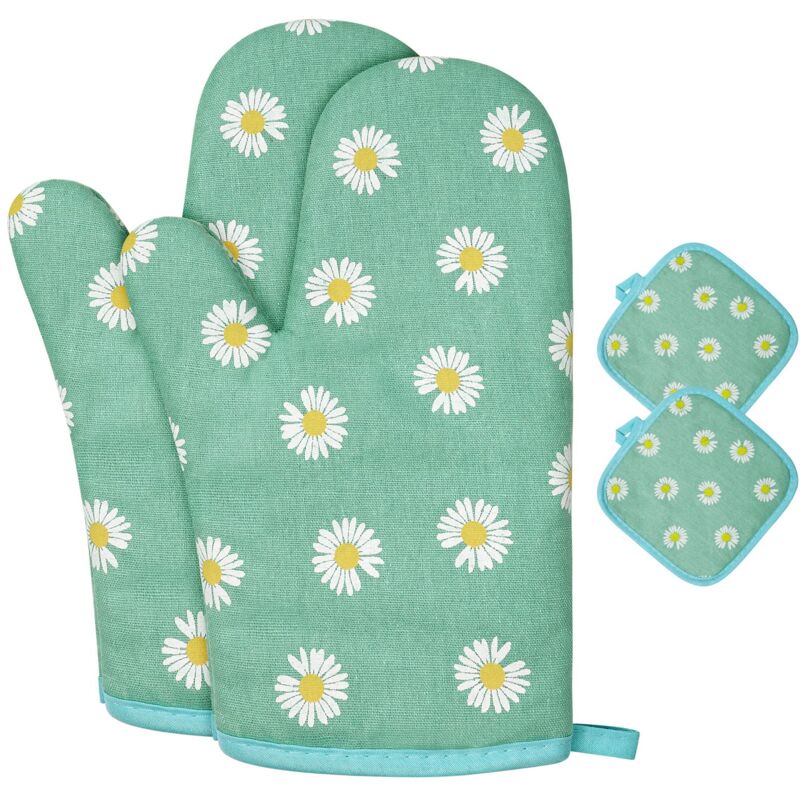 Memkey - Oven Gloves, 1 Pair Cotton Oven Gloves with 2 Pot Holders, Washable Oven Gloves, Non-Slip Kitchen Gloves, Heat Resistant Kitchen Gloves for
