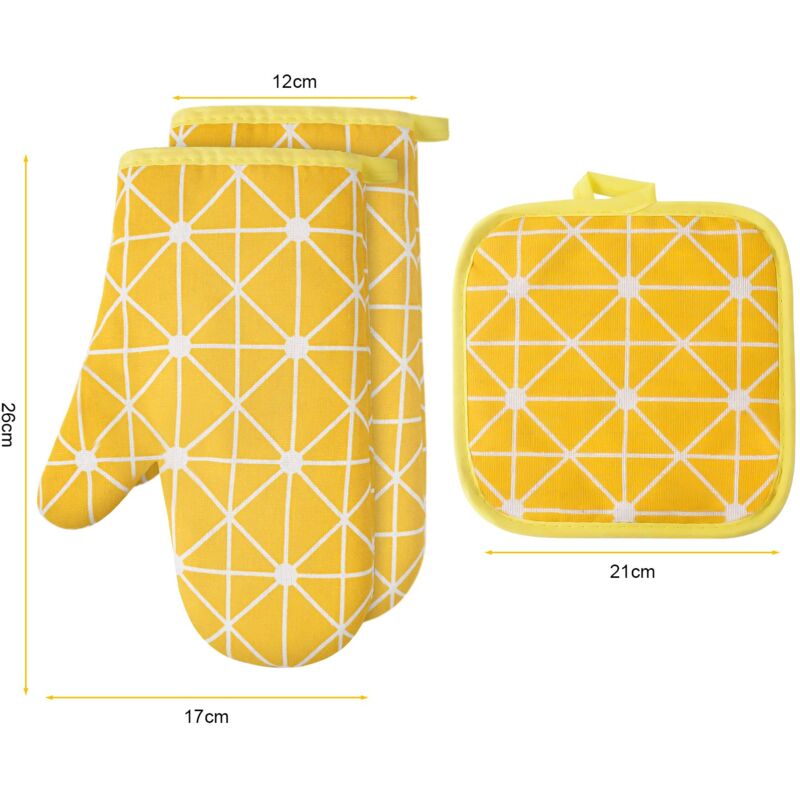 Memkey - Oven Gloves, 1 Pair Cotton Oven Gloves with 2 Pot Holders, Washable Oven Gloves, Non-Slip Kitchen Gloves, Heat Resistant Kitchen Gloves for
