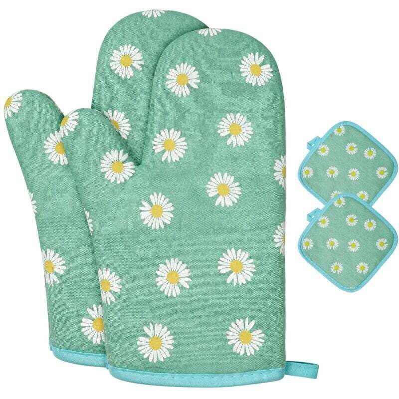 Oven Gloves, 1 Pair of Cotton Kitchen Gloves with 2 Pot Holders, Washable Oven Gloves, Non-Slip Kitchen Gloves, Heat Resistant Kitchen Gloves for