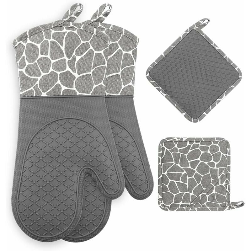 Hoopzi - Oven Gloves, Heat Resistant Silicone Oven Gloves, Non-Slip Kitchen Oven Mitts 1 Pair and 2 Pot Holders, for Kitchen, Cooking, Baking,