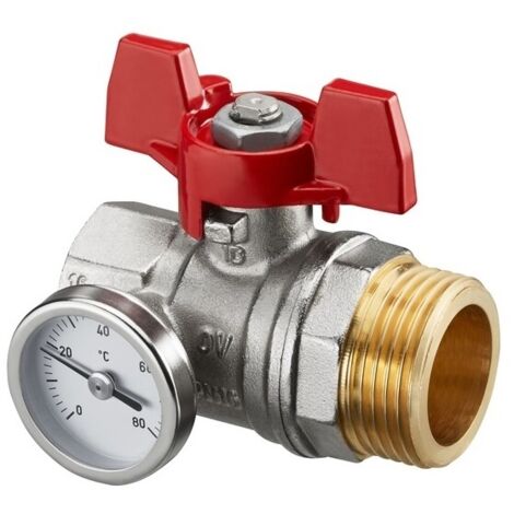 OVENTROP Grifo de esfera de cierre plano, rojo, con termómetro, para distribuidor de calefacción Multidis SH/SF/SFQ, DN 25, 1406484