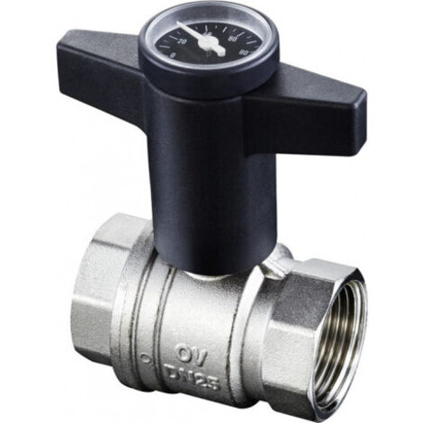 OVENTROP Kugelhahn mit Kunststoff Knebelgriff Optibal mit Innengewinde PN 16, mit Thermometer DN 15, G 1/2, Messing, vernickelt, 1078004