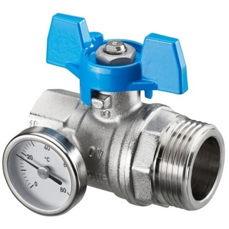 OVENTROP Llave de esfera de cierre plano, azul, con termómetro, para colector de circuito de calefacción Multidis SH/SF/SFQ, DN 25, 1406584