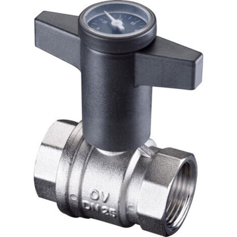OVENTROP Robinet à tournant sphérique avec poignée à genouillère en plastique Optibal avec filetage intérieur PN 16, avec thermomètre DN 25, G 1, laiton, nickelé, 1078008