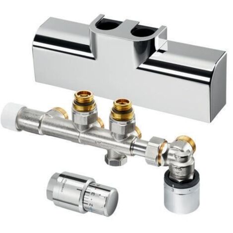 OVENTROP Set mit Multiblock T-RTL Eck und Uni SH für Heizkörperanschluss G 1/2 IG, mit Anschlussarmatur Multiblock T-RTL, Designabdeckung, Thermostat Uni SH und SH-Cap, weiß/Chrom, 1184188