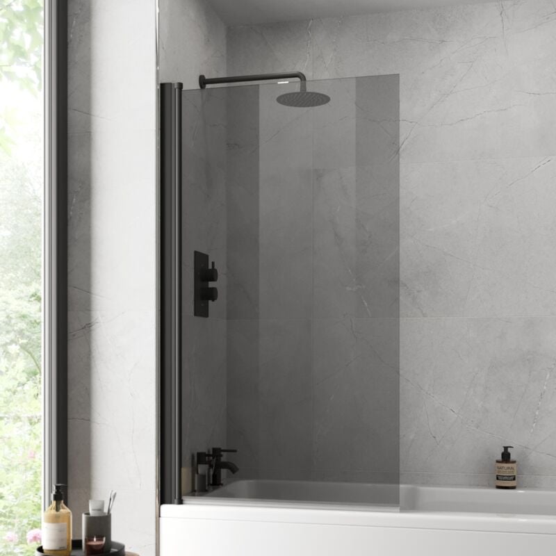 Over Bath Shower Screen Door 800mm Frameless Black Square 6mm Safety