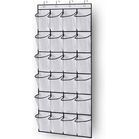 Over-the-door shoe organizer, space-saving shoe storage with 24 pockets and 3 hooks for kitchen, closet, or bedroom, white