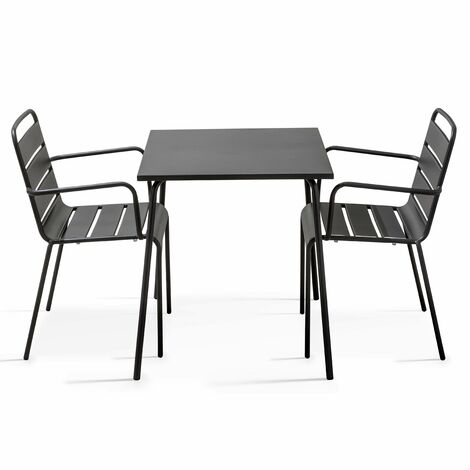 Oviala – Ensemble table de jardin carrée 2 places en acier thermolaqué – Finition époxy anti-rouille – Dimensions table 70x70cm – Fauteuils empilables
