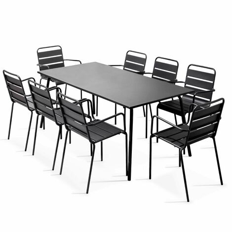Oviala – Ensemble table et 8 fauteuils en métal gris – Table rectangulaire 180x90cm – Structure acier thermolaqué – Protection anti-rouille