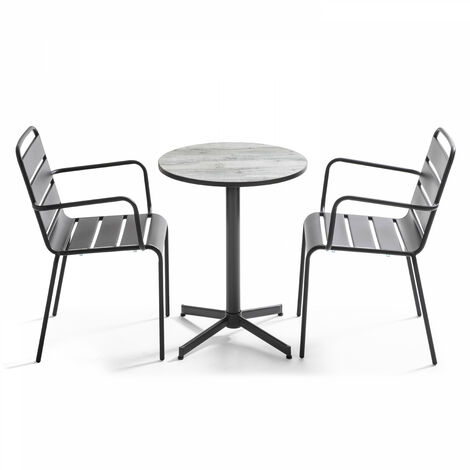 Oviala – Ensemble table et chaises de jardin 2 places en acier thermolaqué et céramique effet bois – Fauteuils empilables – Résistant aux intempéries