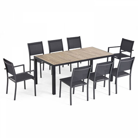 Oviala – Ensemble table et chaises de jardin 8 places – Aluminium gris et céramique effet bois – Chaises empilables en textilène – Résistant aux UV et à l'humidité
