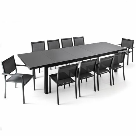 Oviala – Ensemble table de jardin extensible 256-320 cm – 10 assises en aluminium – Plateau en verre sécurit – Chaises empilables en textilène déperlant