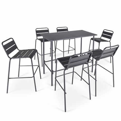 Oviala – Ensemble table haute rectangulaire 6 places en métal gris – Structure acier thermolaqué – Finition anti-rouille et anti-UV – Design contemporain