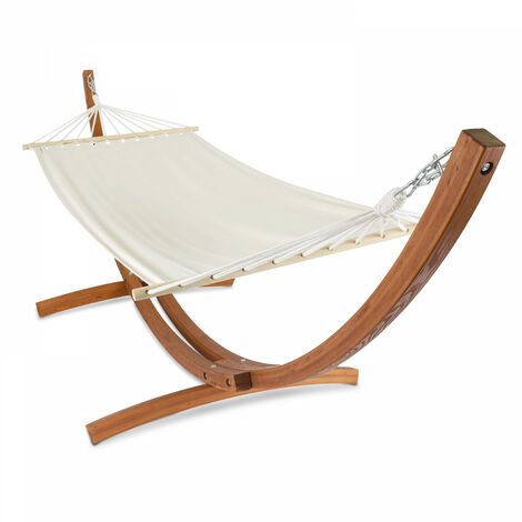 Oviala – Hamac sur pied en bois FSC® de mélèze – Toile 100% polycoton 320g/m² – Longueur 300 cm, largeur 110 cm – Charge maximale 100 kg