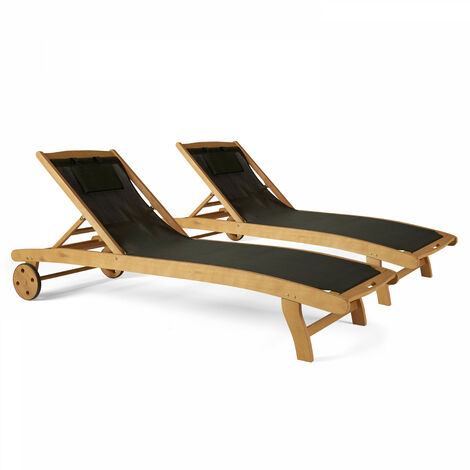 Oviala – Lot de 2 bains de soleil en eucalyptus inclinables – 5 positions – Textilène – Dimensions 196x69x37 cm – Roues pour déplacement facile