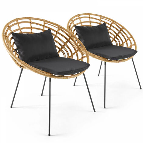 Oviala – Lot de 2 fauteuils de jardin ronds en résine tressée – Assise profonde et confortable – Structure en acier anti-rouille – Coussins déhoussables en polyester