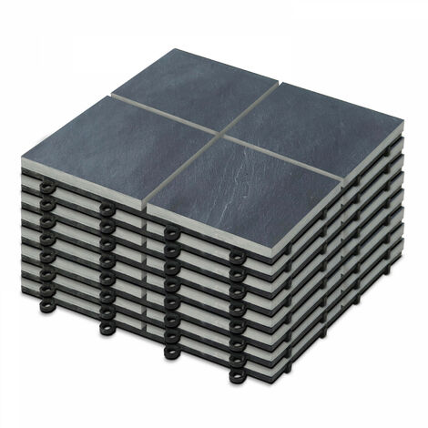 Oviala – Lot de 8 dalles clipsables en pierre noire 30x30cm – Support PVC noir – Évacuation des eaux – Entretien facile