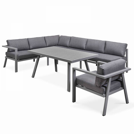 Oviala – Salon de jardin 8 places en aluminium – Table 150x84.5cm – Canapé d'angle et fauteuils – Confort mousse 10cm – Montage rapide