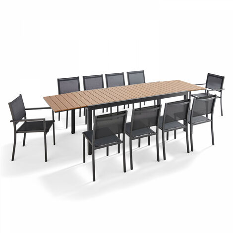 Oviala – Salon de jardin extensible 10 places – 8 chaises et 2 fauteuils en aluminium – Plateau rallonge 200/300 cm – Résistant aux UV et à l'humidité