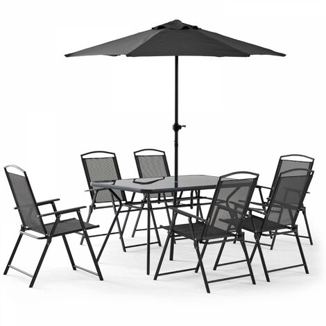 Oviala – Salon de jardin table 6 places avec parasol droit – Structure en acier – Plateau en verre trempé – Chaises pliantes en toile textilène
