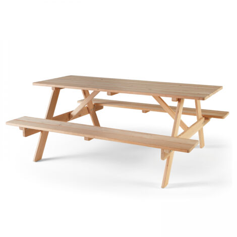 Oviala – Table de pique-nique en bois FSC – 6 places – Longueur 182,5 cm – Largeur 153 cm – Finition vernis transparente
