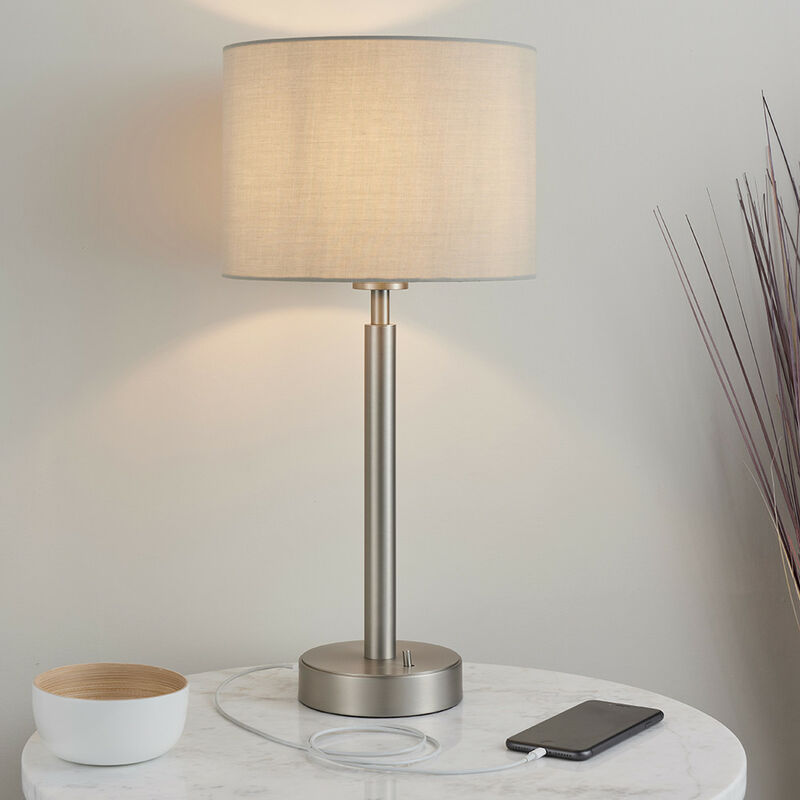 Table Lamp Matt Nickel Plate, Taupe Fabric Shade With Usb Socket
