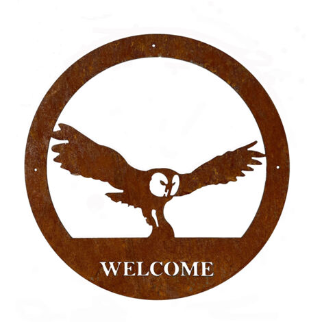 Owl Small Wall Art - With Text - Steel - W29.5 x H29.5 cm - Bare Metal/Ready to Rust