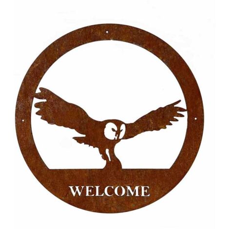 Owl Welcome Wall Art - Large - Steel - W49.5 x H49.5 cm - Bare Metal/Ready to Rust