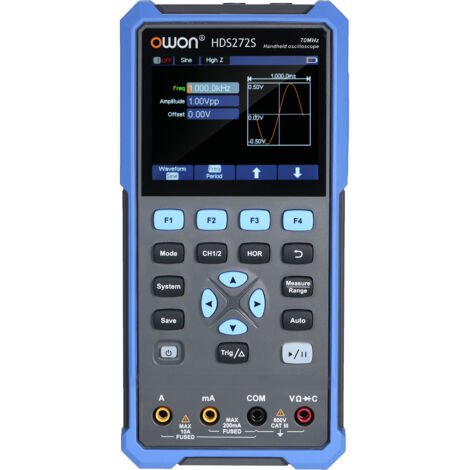 OWON Oscilloscope multimètre générateur de forme d'onde HDS272S 2CH 70 MHz bande passante 20000 comptes 3-en-1 Oscope numérique, Prise UE, Bleu