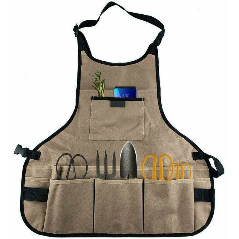 Oxford Cloth Adjustable Gardening Apron with Pockets Multifunction Waterproof Gardening Apron for Carpenters Gardeners Women Men Adults Khaki