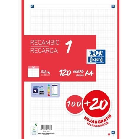 OXFORD RECAMBIO 100H + 20H GRATIS 4 TALADROS A4 90GR 5X5 1 BANDA ROJO