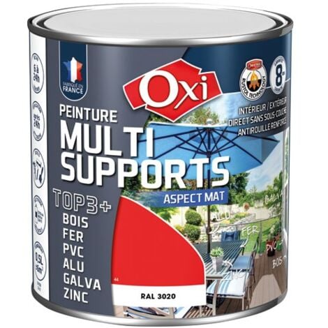 OXI - Peinture TOP 3 bois fer pvc mat 500ml rouge vif ral3020