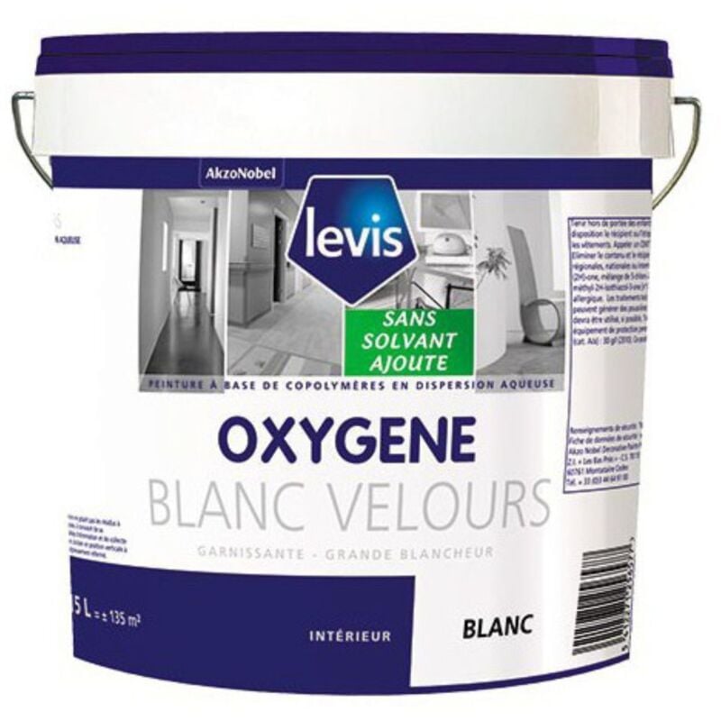 Oxygène Velours Peinture Murale 0% de Solvant Ajouté - Intérieur Finition: Velours - Couleur: Blanc - Conditionnement: 15L - Levis