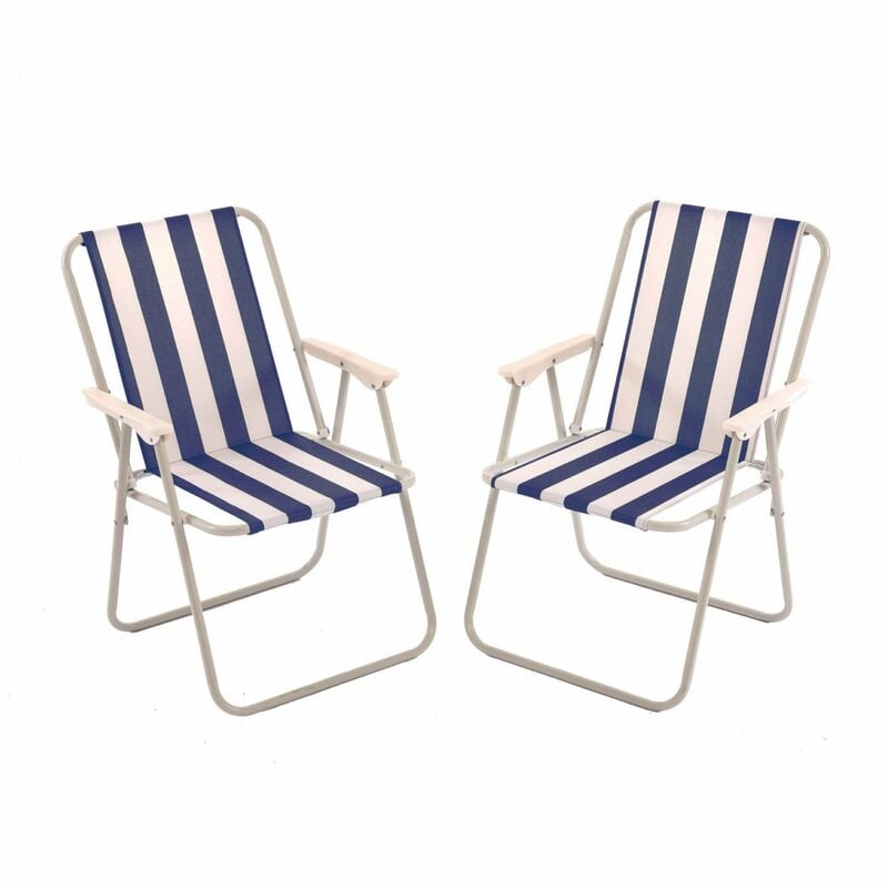 2x Stripey Camping Festival Party Folding Outdoor Chairs with Armrests - Oypla