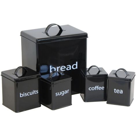 Oypla 5 Piece Black Kitchen Canister Storage Tin Set Bread Biscuits Tea Sugar Coffee