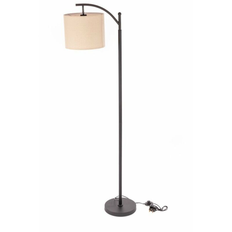 Black Floor Standing Lamp Reading Light with Linen Fabric Lampshade - Includes Bulb - Oypla