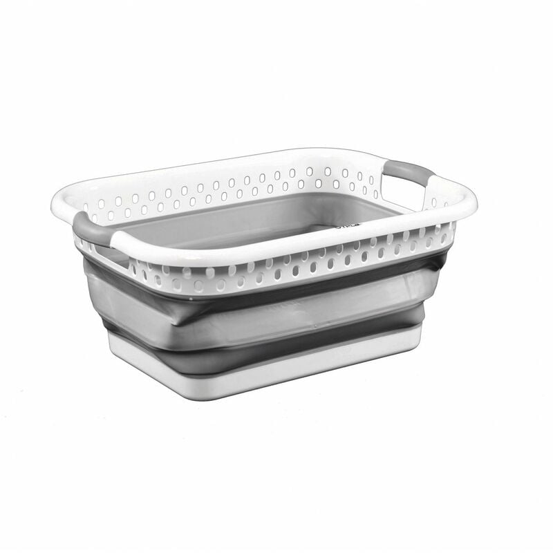 Grey and White - Pop Up Collapsible Plastic Washing Laundry Basket - Oypla