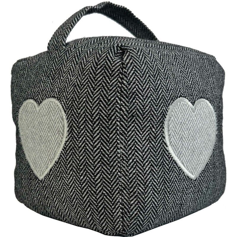 Heart Pattern Herringbone Fabric Heavy Weighted Cube Door Stop Stopper with Handle - Oypla