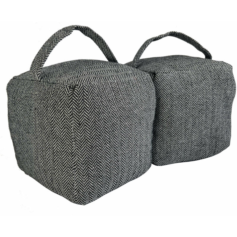 Pack of 2 Herringbone Fabric Heavy Weighted Cube Door Stops Stoppers with Handle - Oypla