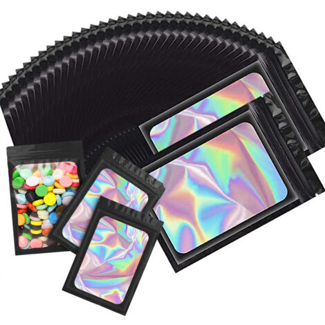 OZCHIN Lot de 100 sachets Mylar holographiques avec fenêtre transparente, refermables et à fermeture zip, pour le rangement d'aliments, de bijoux et d'appareils électroniques.