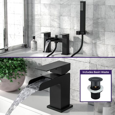 Ozone Matte Black Modern Set Of Waterfall Basin Sink Mono Tap & Bath Shower Mixer With Handset Kit + Free Waste