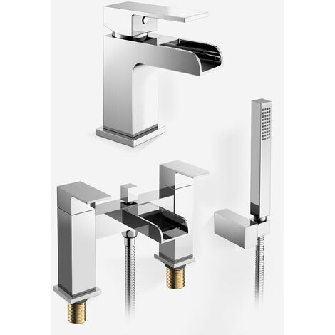 Ozone Modern Chrome Waterfall Basin Mono Tap & Bath Shower Mixer Tap + Waste
