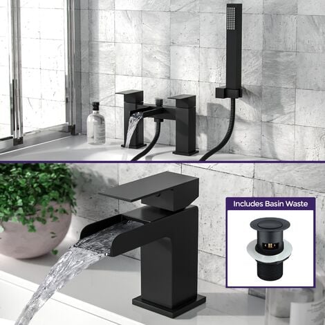 Ozone Waterfall Matte Black Basin Mono Tap and Bath Filler with Handset Set