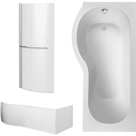 P Shape 1700x850 Left Hand Shower Bath Set – Front Panel, Chrome Curved P Bath Screen with Towel Rail & Leg Set